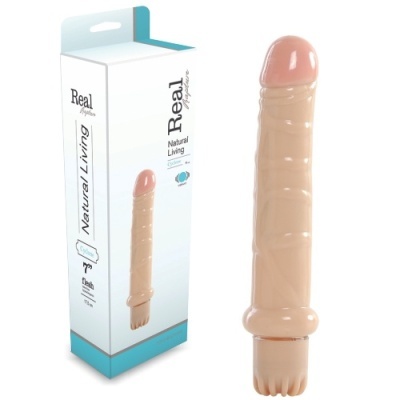 Vibrador cor bege com embalagem branca e azul