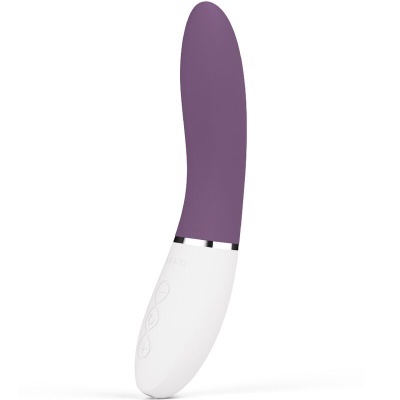 Vibrador de silicone roxo e branco com botões embutidos e acabamento metálico