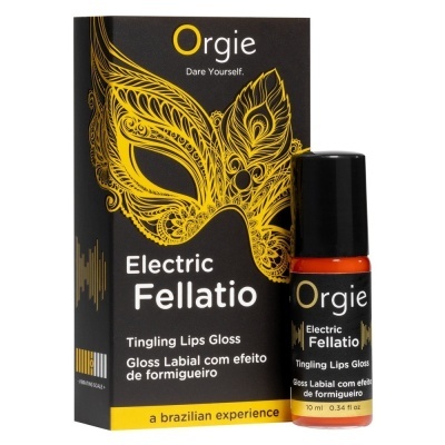 Embalagem preta e amarela com máscara decorativa dourada e texto promocional com frasco de gloss labial.