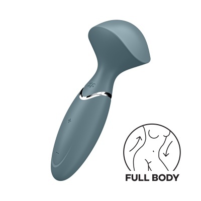 Dispositivo de massagem cinza azulado com detalhes em prata e texto FULL BODY.