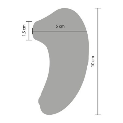 Objeto cinzento curvo com medidas de altura 10 cm, largura 5 cm e espessura 1,5 cm