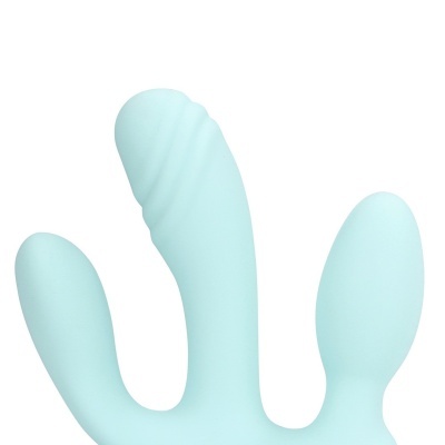 Vibrador de silicone azul claro com três pontas e textura ondulada