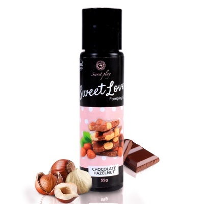 Frasco de gel sabor chocolate e avelã com avelãs e chocolate ao lado
