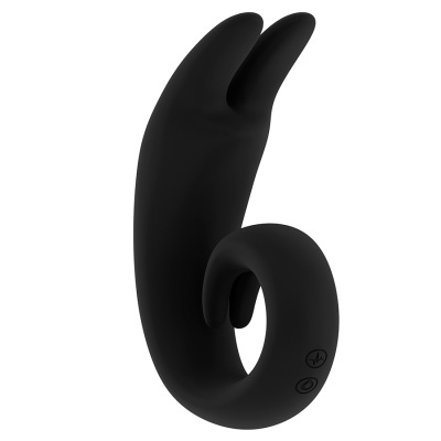 Dispositivo em silicone preto curvo com duas pontas e botões pretos