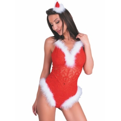 Fato de corpo vermelho em renda com penas brancas e tiara de Natal