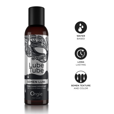 Frasco de gel íntimo Lube Tube SEMEN LUBE da Orgie com rótulo preto e branco e ícones explicativos