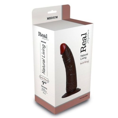 Embalagem branca com dildo castanho realista e texto