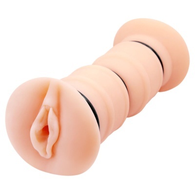 Masturbador masculino cor de pele em silicone com textura e extremidades anatómicas.