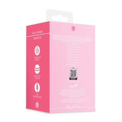 Embalagem rosa e vermelha de vibrador de dedos com texto informativo em várias línguas.