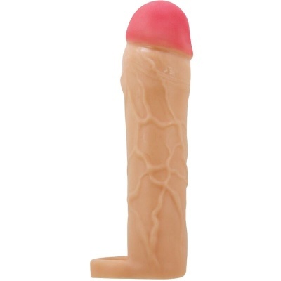 Objeto em forma de pénis bege com glande rosa em fundo branco