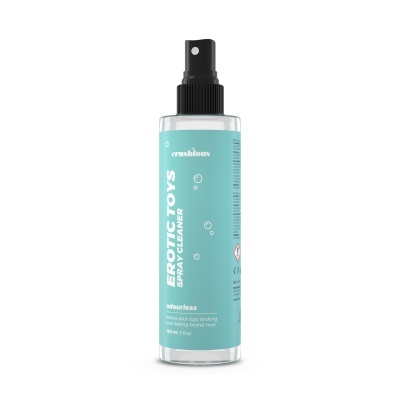 Frasco transparente com rótulo azul claro e tampa de spray preta