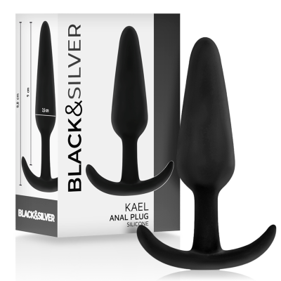 Plug anal preto de silicone com base em T e embalagem com marca e medidas.