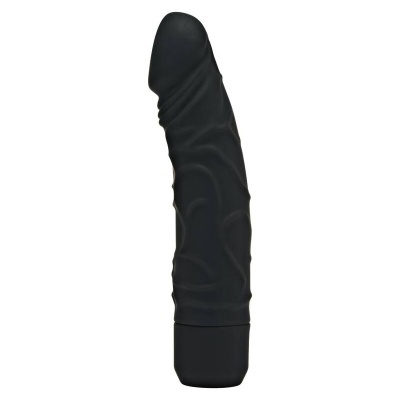Vibrador preto anatómico com textura e base cilíndrica preta