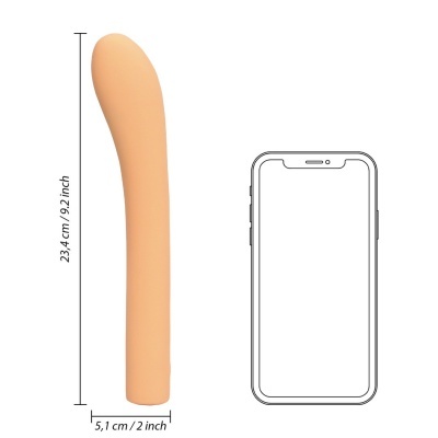 Vibrador cor de pele ao lado de desenho de telemóvel para comparação de tamanho