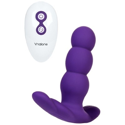 Vibrador roxo e comando branco com botões roxos e texto nalone