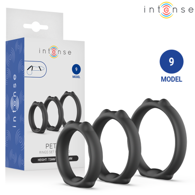 Conjunto de três anéis pretos de silicone com embalagem branca e azul.