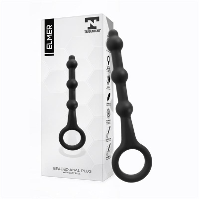 Plug anal preto com contas e embalagem branca