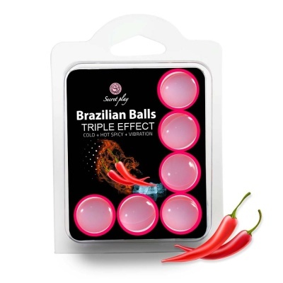 Pacote com seis bolas rosa dentro e texto promocional em fundo preto com pimentos e cubos de gelo