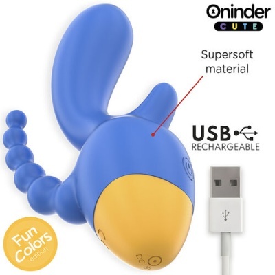 Vibrador azul e bege com cabo USB recarregável em fundo branco