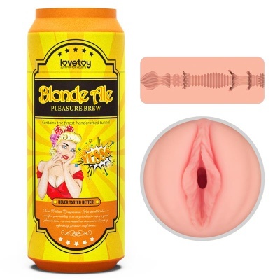 Brinquedo sexual e embalagem laranja e amarela em forma de lata de cerveja