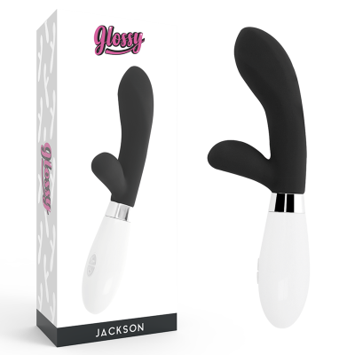 Vibrador preto e branco em fundo branco com embalagem da marca Glossy