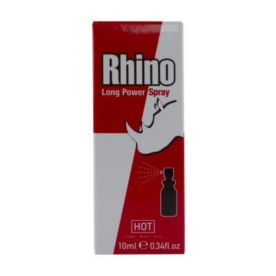 Embalagem de spray Rhino Long Power Spray vermelha e branca com desenho de rinoceronte e frasco spray