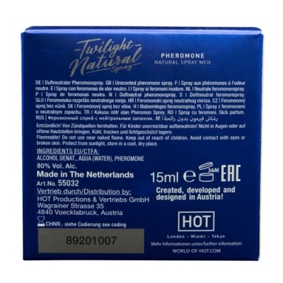 Embalagem azul de spray de feromônios para homens com texto e informações de fabricação
