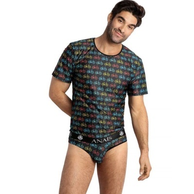 Conjunto masculino com padrão de bicicletas coloridas e texto ANAIS na cueca