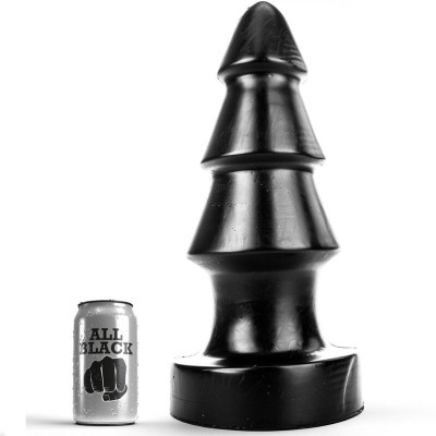 Objeto preto em forma de cone com três seções ao lado de uma lata metalizada com o texto ALL BLACK