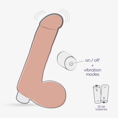Desenho de um vibrador rosa com controle e pilhas AA