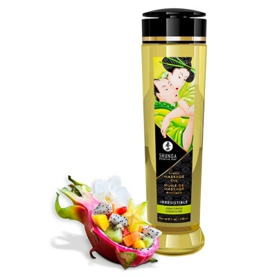 Garrafa de óleo de massagem erótica com rótulo ilustrado e frutas tropicais