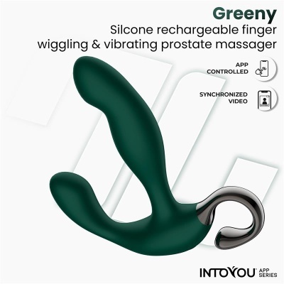 Massageador de próstata verde escuro em silicone com punho prateado e texto em inglês ao fundo