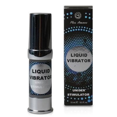 Frasco metálico com tampa preta ao lado da embalagem preta com padrão de pontos azuis e texto LIQUID VIBRATOR