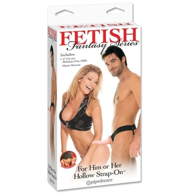 Embalagem do produto Fetish Fantasy Series com dildo oco e arnês elástico para casal