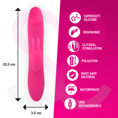 Vibrador rosa de silicone supersuave com controle em relevo e características listadas