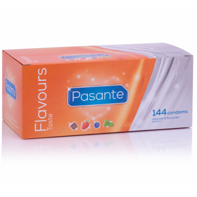 Caixa de preservativos Pasante Flavours Taste com imagens de sabores e cores distintas.