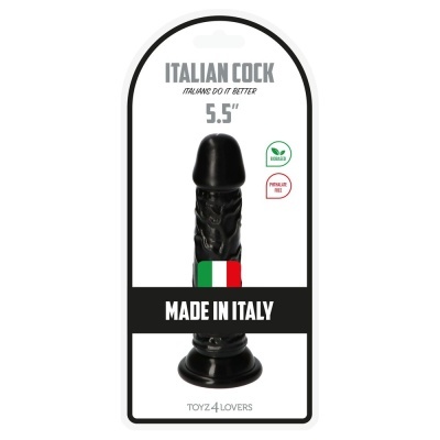 EmbalaGEM contendo brinquedo erótico preto com texto MADE IN ITALY