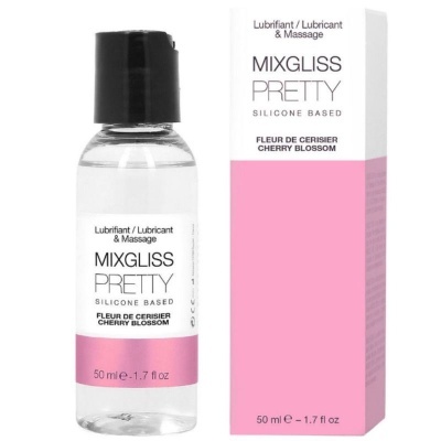 Frasco e embalagem de lubrificante MIXGLISS PRETTY à base de silicone cor transparente com detalhes em rosa e texto em preto.
