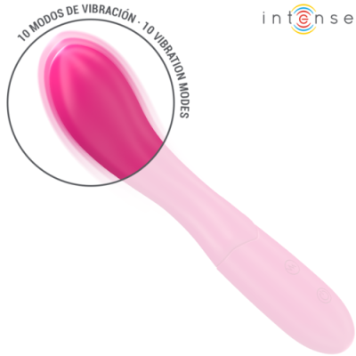Vibrador rosa com 10 modos de vibração e controles, texto e logotipo em fundo branco