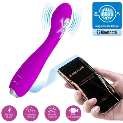Vibrador roxo de silicone com controlo via aplicação móvel em smartphone.