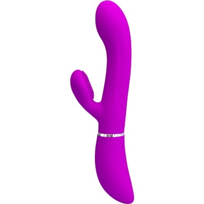 Vibrador roxo de silicone com duas pontas e anel prateado
