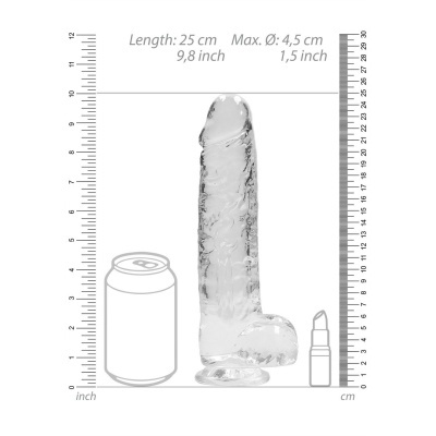 Dildo transparente com base de ventosa e régua de medição