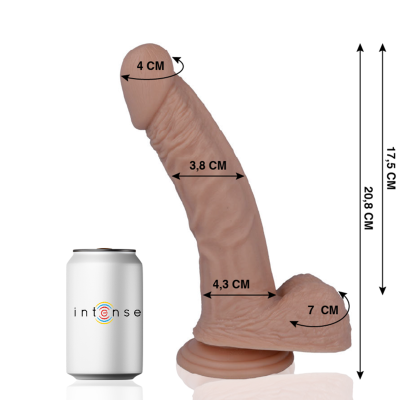 Dildo realista com medidas e uma lata branca com logo intense