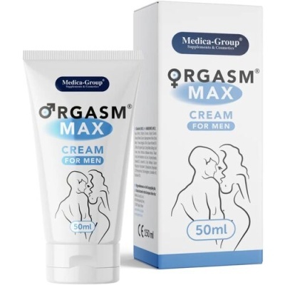 Creme ORGASM MAX para homens 50ml com caixa e tubo brancos e desenho de casal