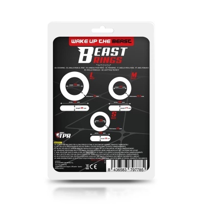 Embalagem com texto WAKE UP THE BEAST e BEAST RINGS mostrando três anéis com medidas e código de barras.