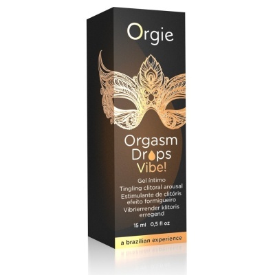 Embalagem preta e dourada de gel íntimo Orgie com máscara decorativa e texto multilíngue