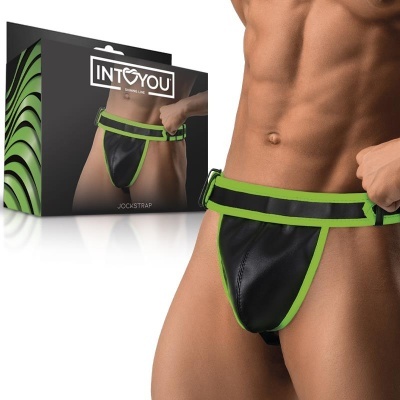 Jockstrap masculino preto com bordas verdes e cinto ajustável