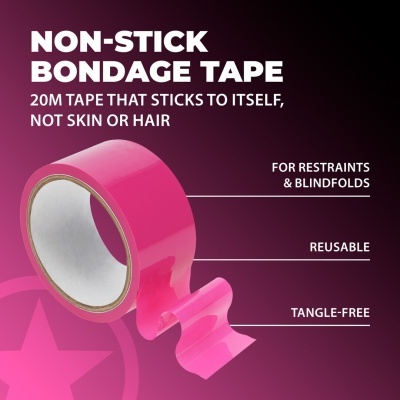 Rolo de fita adesiva rosa brilhante com texto descritivo em fundo roxo.