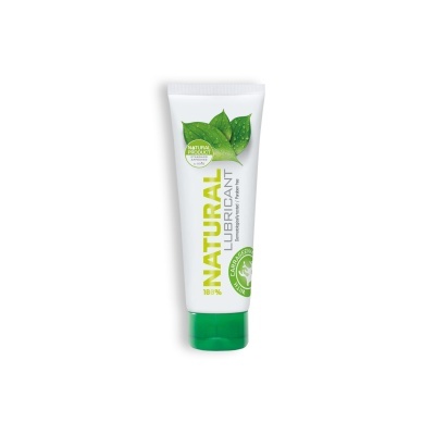 Tubo branco com tampa verde de lubrificante natural com folhas verdes e texto