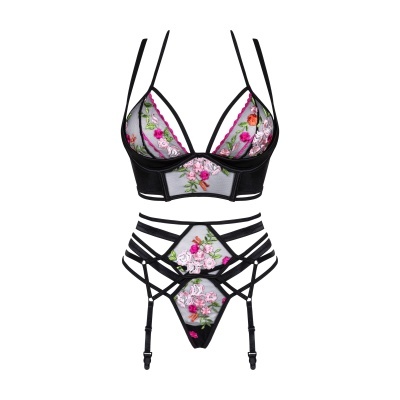 Conjunto de lingerie preto em tule com bordados florais coloridos